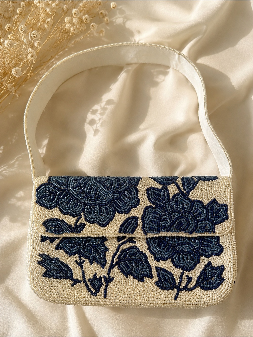 Beaded Floral Clutch Shoulder Bag in Cream and Navy